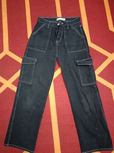 Denim Black Pant With White Threaded Design