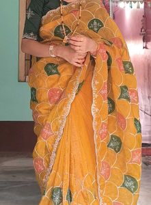 party wear gold crush saree