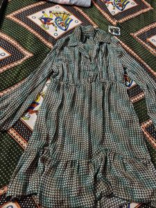 Printed Tiered Dress With Cuffed Sleeves