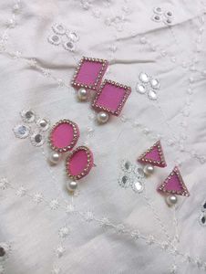 Pink & Pearl Geometric Earring Set