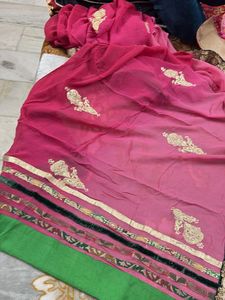 Pure Gorgete Pink ombre Embroidered Saree