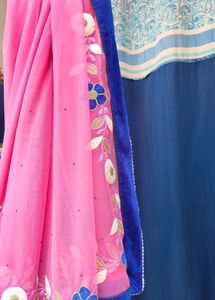 Pink Net Saree with Floral Embroidery