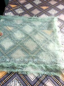 Mint Green Tulle Fabric with Floral Embroidery