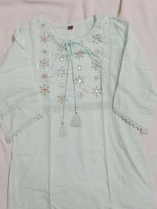Mint Embroidered Blouse with Tassels