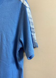 Women Blue Ribbed High Neck Tshirt (XL)