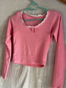 Pink Lace Trim Long Sleeve Top