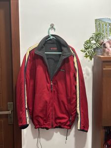 Red Jacket with Striped Sleeves