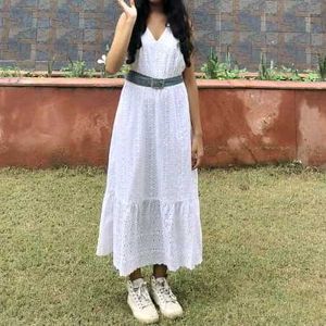 Angelic White Sleeveless Chikankari Long Maxi Dres