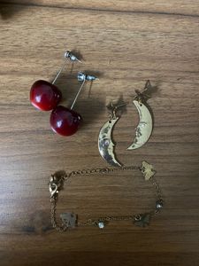 Cherry, Moon &amp; star earrings &amp; butterfly bracelet