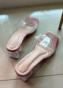 Nude Block Heel Mules with Clear Strap