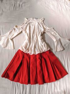 red white lolita pleated lace off shoulder dress