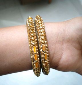 3 Pairs Sparkling Gold Bangles - Set of Two