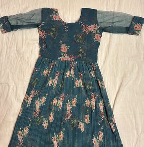 Sea Blue Floral Print Ethnic Gown