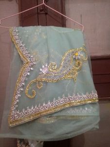 Aqua Net Saree with Silver and Gold Crystal Embell