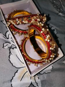 Red Bangles With White Pearls