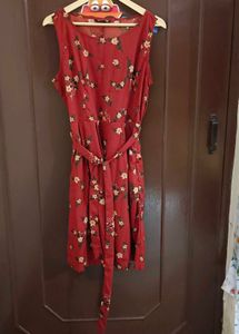 Red Floral Dress With Belt