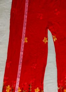 Bright Red Floral Embroidered Cotton Pants – Free