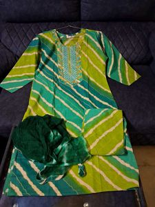 Green Printed Kurta Set Cotton 44 Size