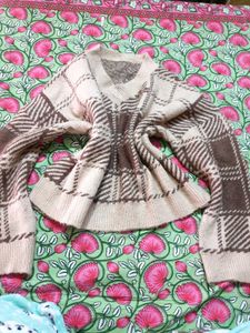 Brown Plaid V-Neck Sweater