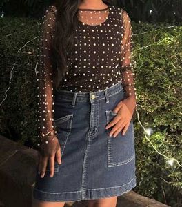 Pearl see through long sleeve mesh top