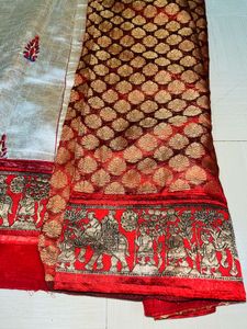 Regal Ivory &amp; Maroon Banarasi Silk Saree