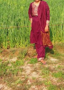 Wine Coloured Suit Set With Dupatta