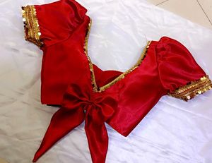 Satin Padded Lace Work Puff Sleeve Blouse