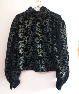 ZARA Black Faux Leather Velvet Top