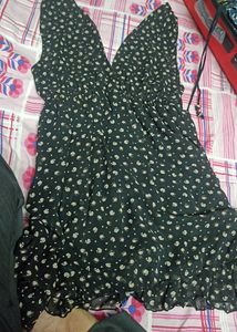 Short Black Pinafore Floral Deep V Neck Dress