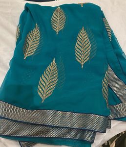 Teal & Gold Leaf Saree