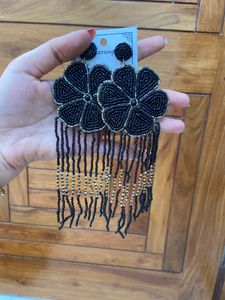 Black Floral Beaded Tassel Earrings