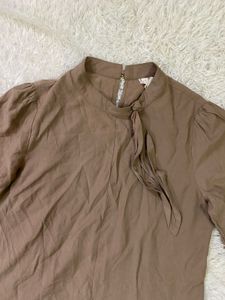 Brown Tiered Dress with Tie Neck