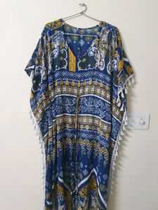 Printed Cotton Kaftan | Navy Blue And White