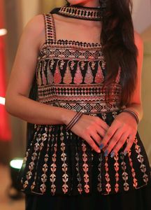 Navy Blue &amp; Gold Embroidered Sharara Dress