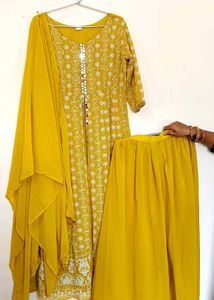 Yellow Festive Suit With Front Slit And Duppata