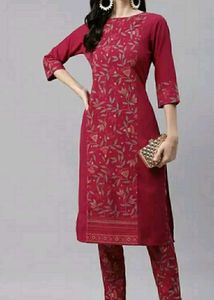 Maroon Foil Printed Kurta With Trousers
