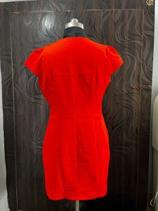 Red belted dress with scalloped neckline
