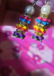 Pearl, Multicolour Beads And Stone Drop Earrings