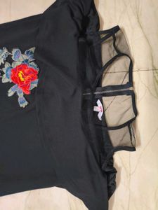 Black Floral Embroidered Cold Shoulder Dress