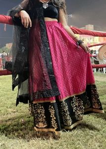 Pink &amp; Black Embroidered Lehenga Skirt