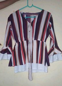 Multicoloured Linen Top With Bow