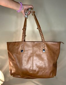 Braided-handle tan tote