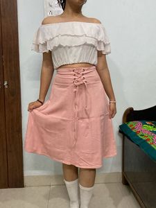 Pink  Skirt and  white frill top