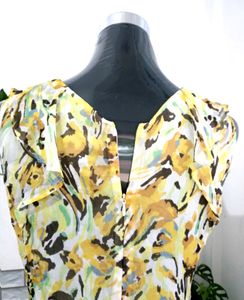 Yellow Ruffled Printed Knee Length Dress