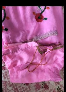 Texture Chiffon Pink ColorThread Embroidery Saree