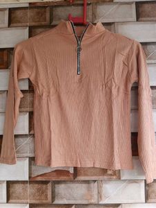 Ribbed Mock Neck Zip-Up Top