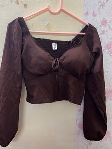 Brown Tie-Front Crop Top