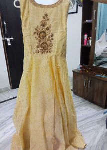 Yellow Embroidered Gown. Full Length - 56 Inche
