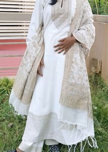 Off White Suit Set With Golden Slik Dupatta