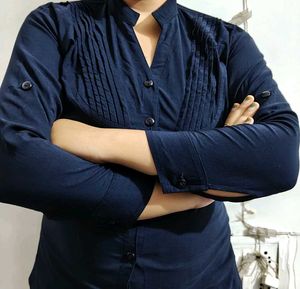 Navy Blue Mandarin Collar Top